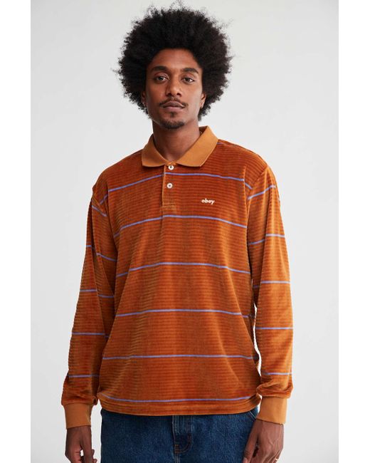 Obey Fete Velour Stripe Polo Shirt in Orange for Men | Lyst
