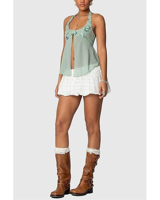 Edikted Blue Sequin Chiffon Split Front Top
