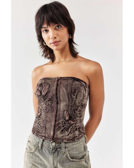 Urban Outfitters Brown Uo Bobby Embroidered Denim Corset