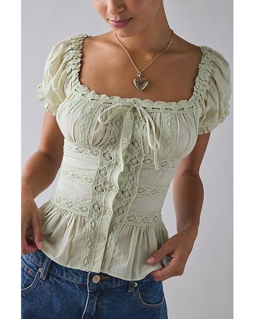 Kimchi Blue Nora Lace Trim Puff Sleeve Button-Up Blouse in Green