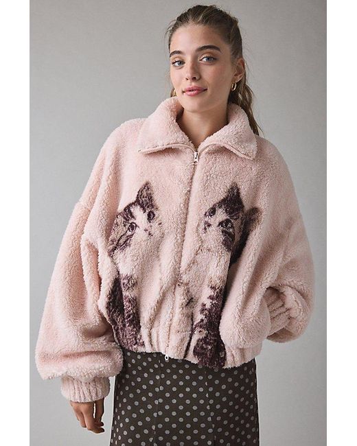 Kimchi Blue Snow Bunny Printed Piled Fleece Zip-Up Jacket in Pink