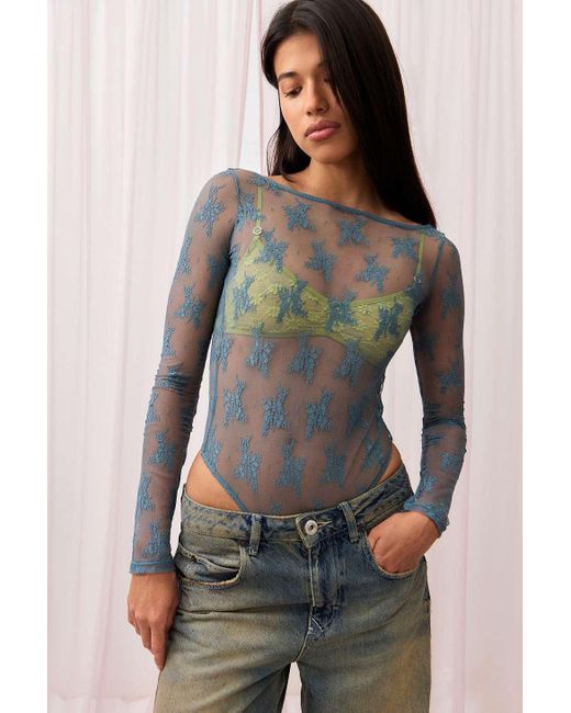 Out From Under Blue Mesh Lace Long Sleeve Bodysuit