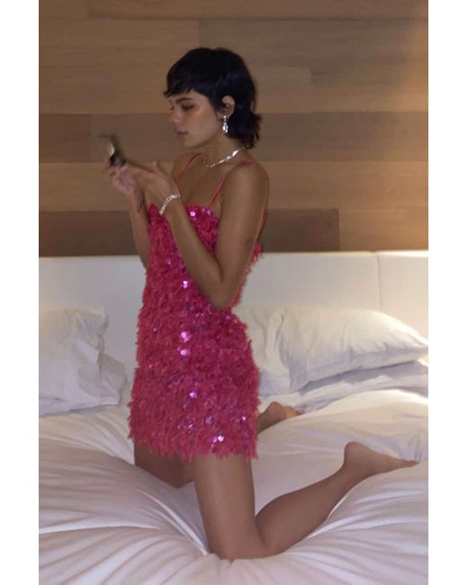 Urban Outfitters Pink Uo Camila Feathers Sequin Mini Dress
