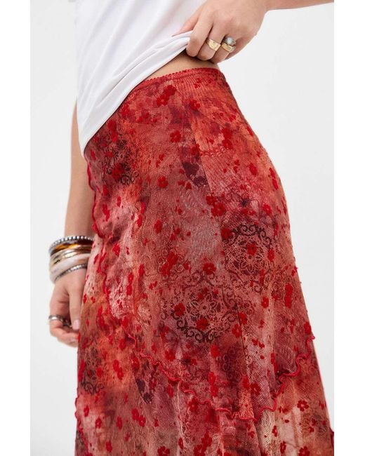 Urban Outfitters Red Uo Asymmetric Flock Midi Skirt