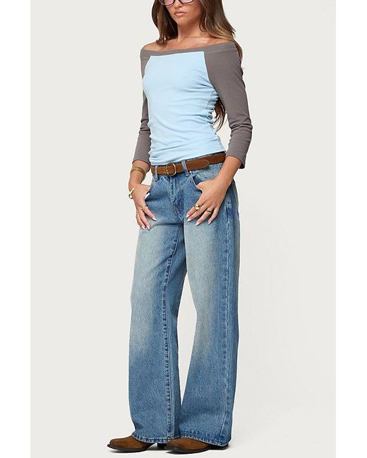 Edikted Blue Keri Off-The-Shoulder Contrast Raglan Top