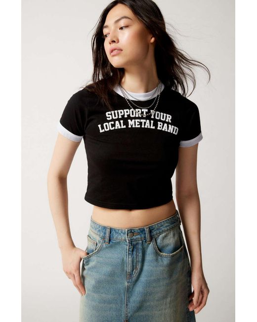 Urban Outfitters Black Support Your Local Metal Band Ringer Tee