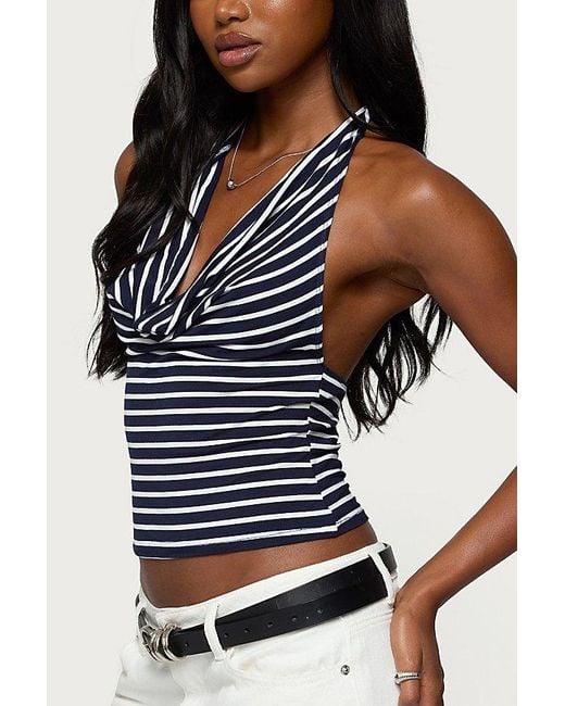 Edikted Blue Striped Cowl Neck Halter Top