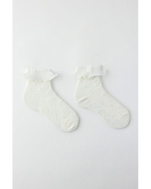 Urban Outfitters White Pearl Ruffle Lace Crew Sock
