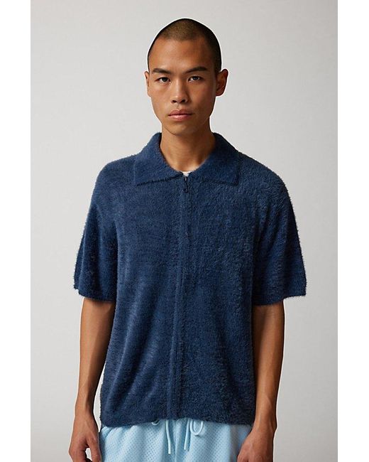 Standard Cloth Blue Fuzzy Polo Short Sleeve Sweater for men