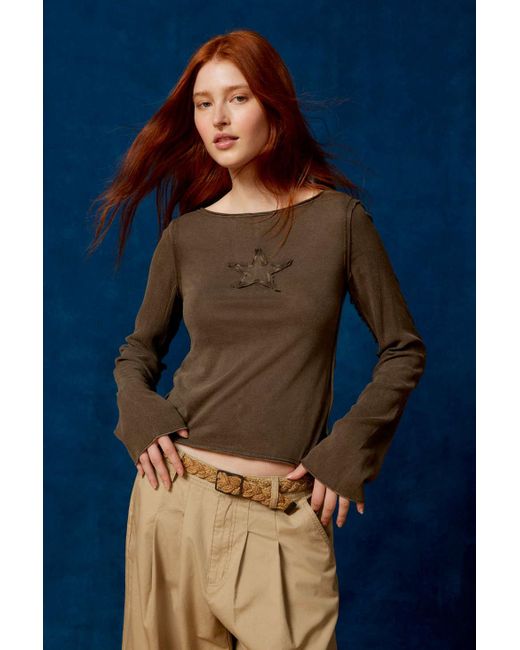 BDG Blue Casey Star Long Sleeve Tee In Mushroom,at Urban Outfitters