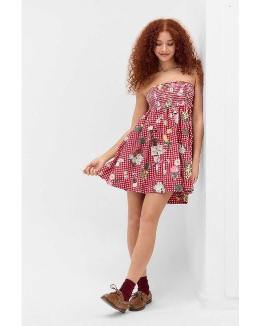 BDG Red Juliana Smocked Tie-back Mini Dress