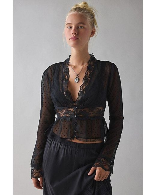 Kimchi Blue Gray Dolly Sheer Swiss Dot Lace Trim Babydoll Blouse