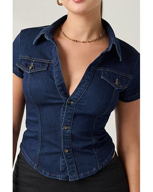 BDG Blue Polly Slim Short Sleeve Button-Up Shirt Top