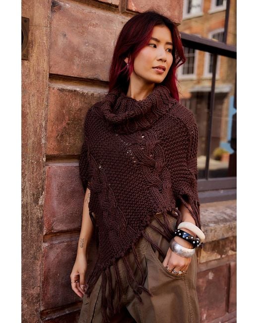 Urban Outfitters Brown Uo Roll Neck Cable Knit Poncho