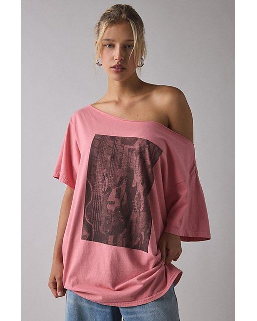 Urban Outfitters Pink Guitar Photo Graphic Oversized Off-The-Shoulder Tee