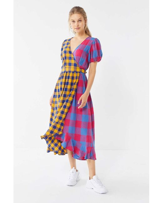 Urban Outfitters Multicolor Uo Anna Linen Mixed Plaid Midi Wrap Dress