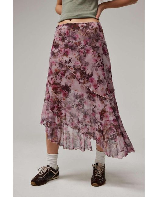 Urban Outfitters Pink Uo Asymmetric Mesh Midi Skirt