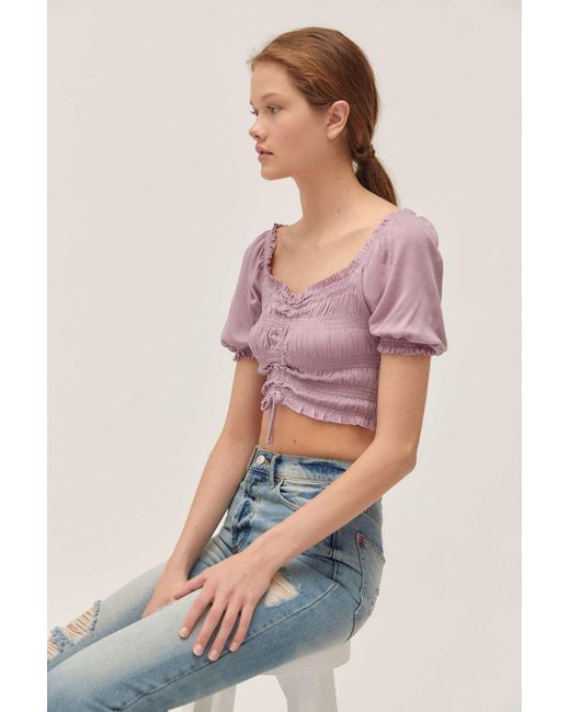 Urban Outfitters Purple Uo Shay Cinched Puff Sleeve Cropped Top