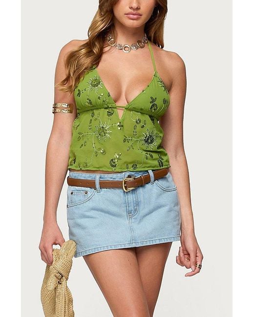 Edikted Green Kiki Sequin Floral Chiffon Halter Top