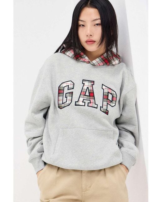 Gap White Grey Marl Plaid Logo Hoodie