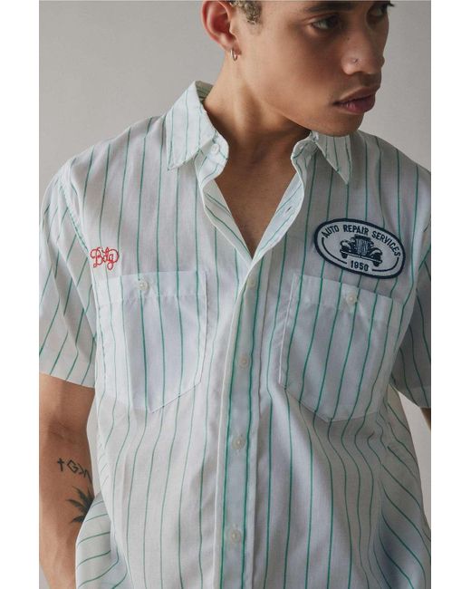 BDG Blue Stripe Short Sleeve Mechanic Shirt for men