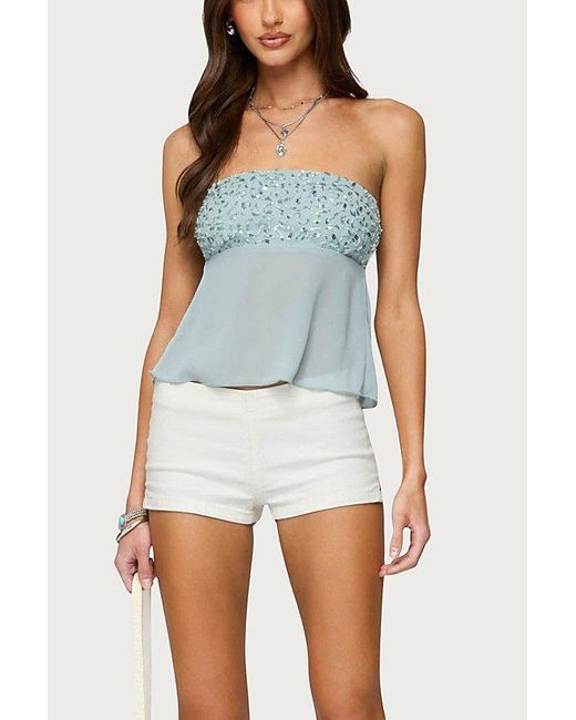 Edikted Blue Beadie Sheer Chiffon Strapless Top