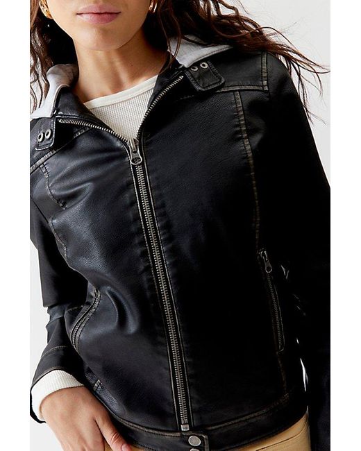 Urban Outfitters Black Uo Evan Faux Leather Hooded Moto Jacket