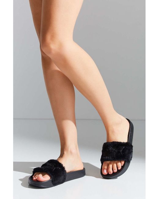 Womens Slip On Flat Furry Rubber Slider Mules Fur Slipper Rihanna Sandals Size 
