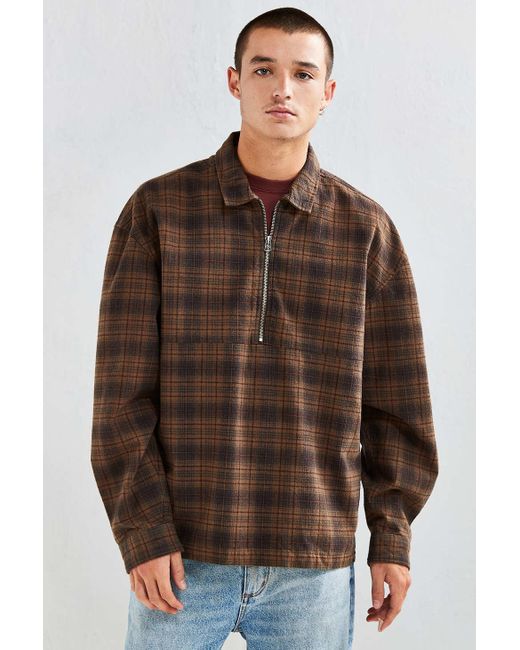 Urban Outfitters Brown Uo 1/4-zip Plaid Flannel Over Shirt for men