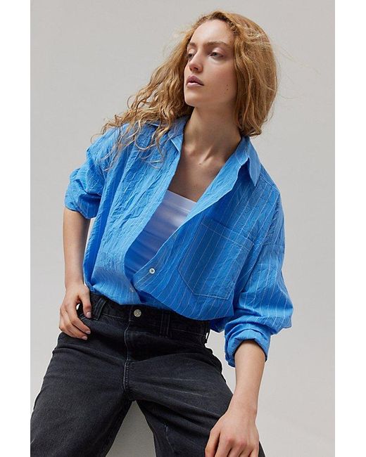 BDG Blue Ryanne Crinkled Oversized Button-Down Shirt