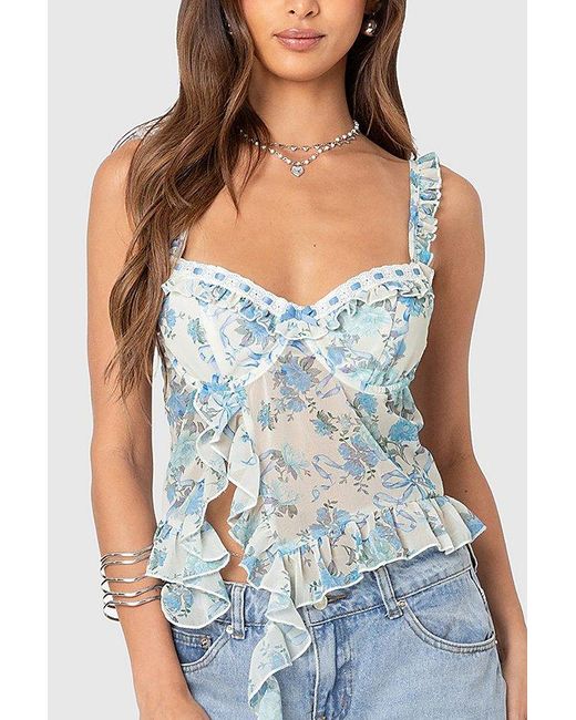 Edikted Blue Cascade Ruffled Bra Top