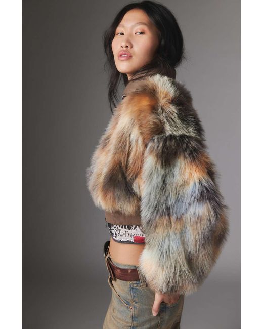 Silence + Noise Gray Silence + Noise Portia Faux Fur Cropped Jacket In Brown,at Urban Outfitters