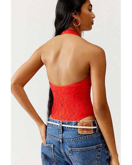 Out From Under Red Layla Floral Lace Halter Bodysuit
