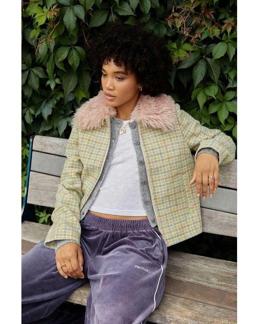 Kimchi Blue Green Mikey Faux Fur Collar Jacket Xs At Urban Outfitters