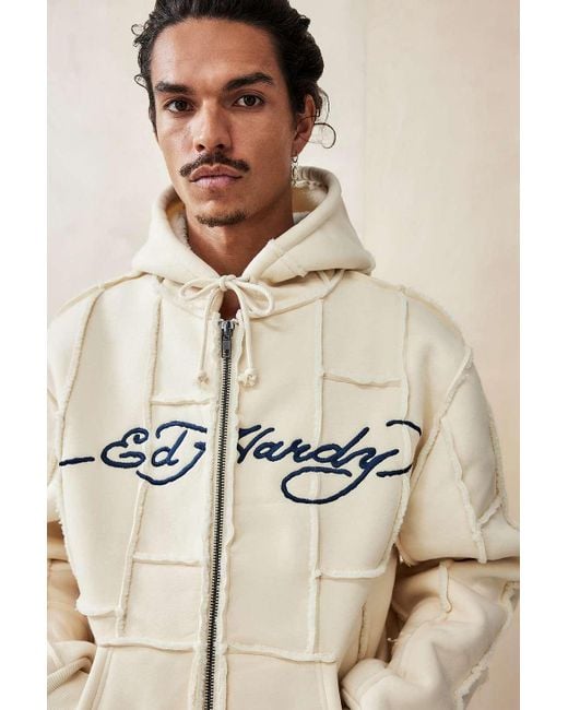 Ed Hardy Natural Uo Exclusive Ecru Patchwork Sherpa Hoodie for men