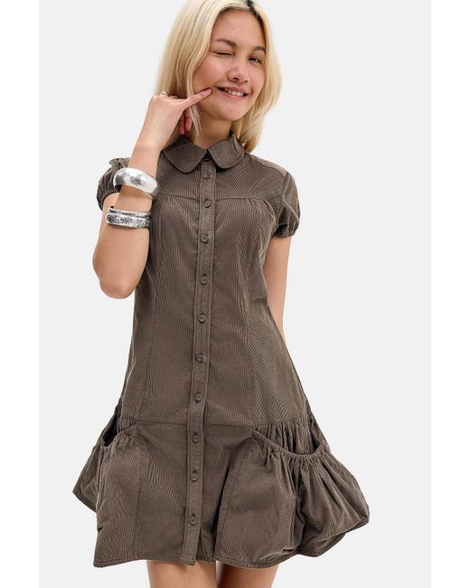 BDG Brown Cord Peplum Button-through Mini Dress Xs At Urban Outfitters