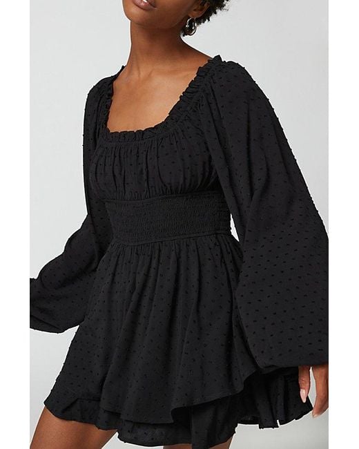 Urban Outfitters Black Uo Clip Dot Smocked Long Sleeve Romper