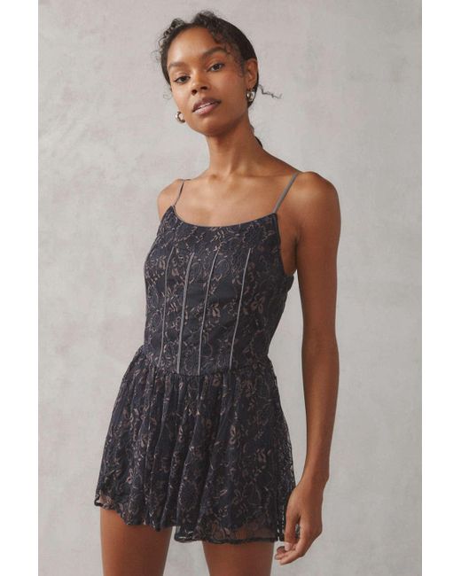 Kimchi Blue Gray Christina Lace Corset Romper In Black,at Urban Outfitters
