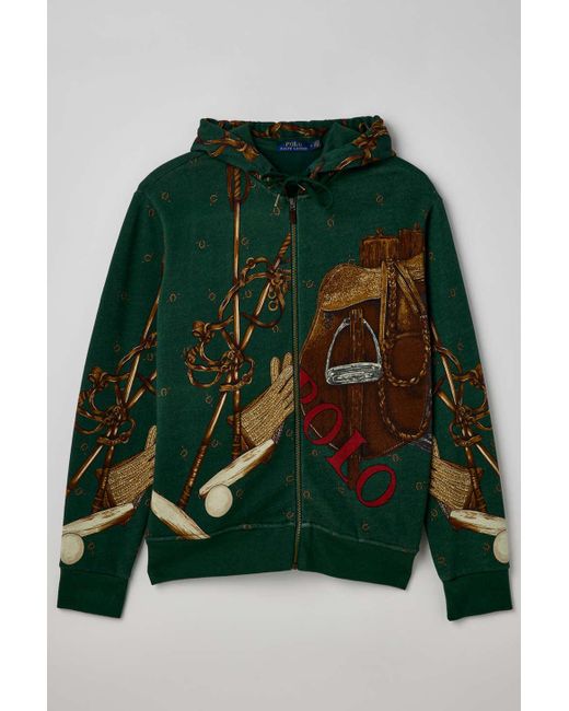Polo Ralph Lauren Equestrian Allover Print Full Zip Hoodie Sweatshirt In Green,at Urban Outfitters for men