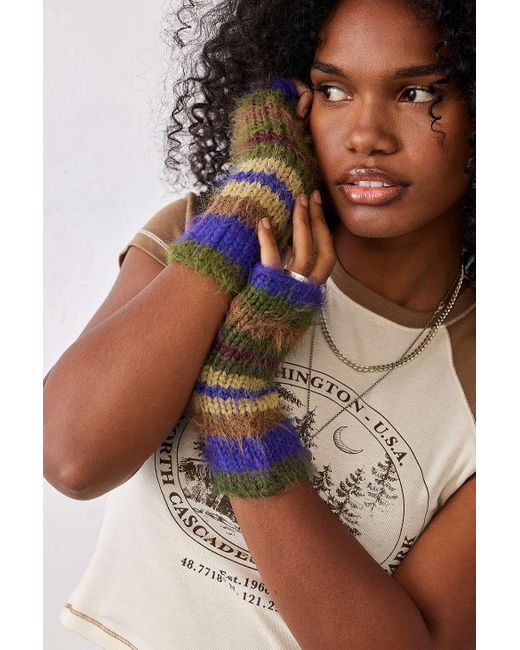 Urban Outfitters Brown Uo Stripe Fluffy Knit Fingerless Gloves