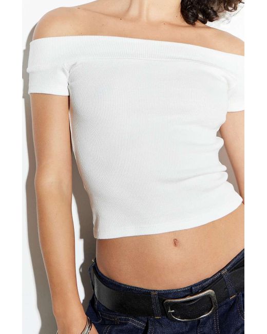 Urban Outfitters White Uo Ever Striped Off-the-shoulder Top