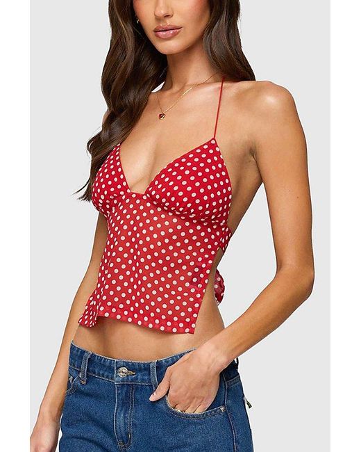 Edikted Red Polka Dot Backless Chiffon Top