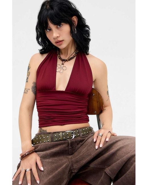Silence + Noise Red Silence + Noise Anya Ruched Halterneck Top