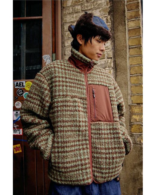 Ayker Brown Check Borg Zip-through Fleece Jacket S At Urban Outfitters for men