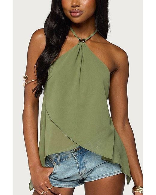 Edikted Green Chiffon Split Open Back Halter Top