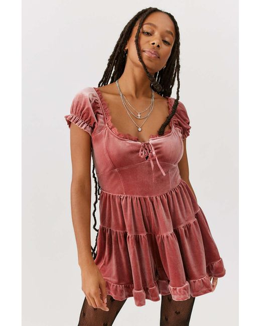 Urban Outfitters Uo Lily Velvet Tiered Romper Lyst