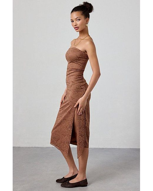 urban outfitters brown lace dress Urban Outfitters Uo Samara Stretch Lace Strapless Midi Dress in Brown