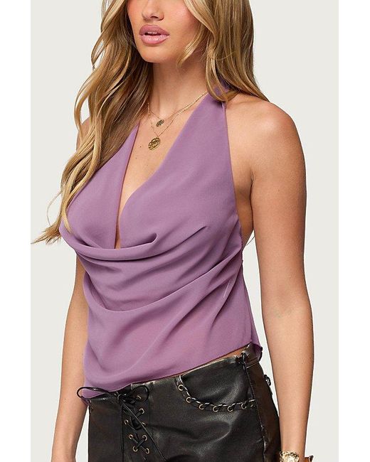 Edikted Purple Asymmetric Backless Chiffon Halter Top