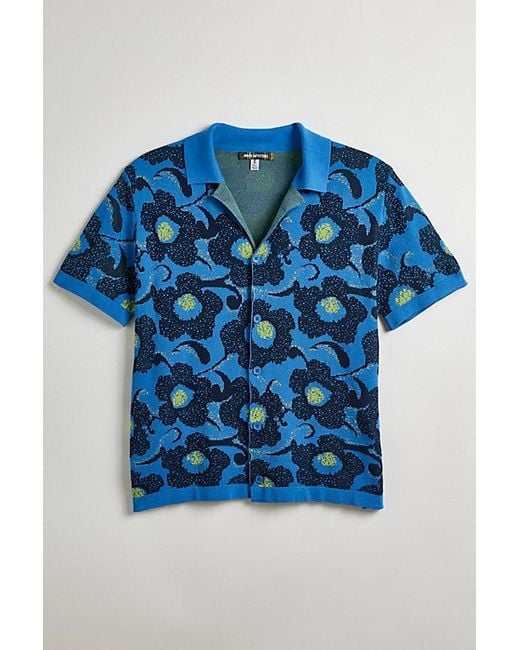 Urban Outfitters Blue Uo Floral Knit Short Sleeve Button-Down Shirt Top for men