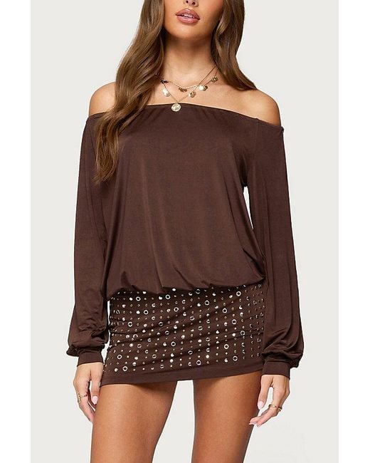 Edikted Brown Studded Off Shoulder Backless Romper